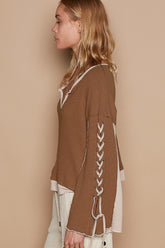 Trendy POL Lace-Up Sleeve Color Block Ribbed Knit Top for Women